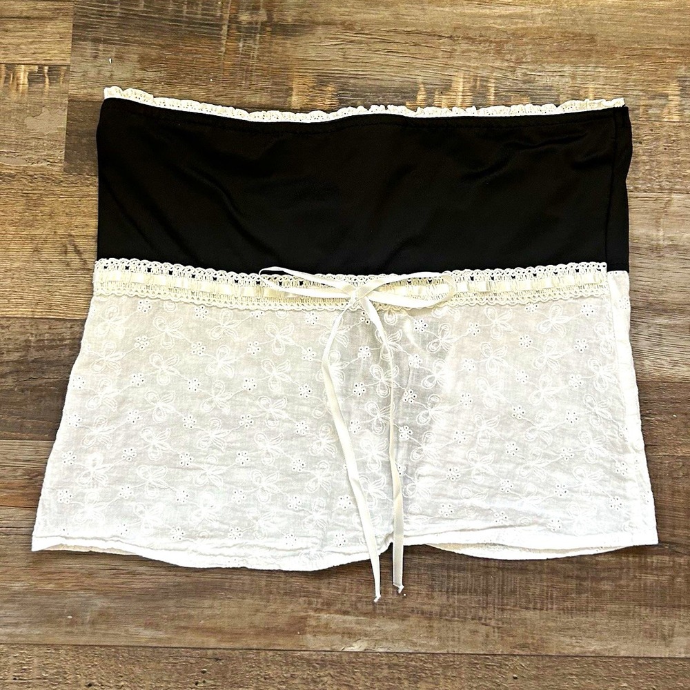 Strapless Floral Lace-Up Corset Top Black/White Lace Accents Women's M